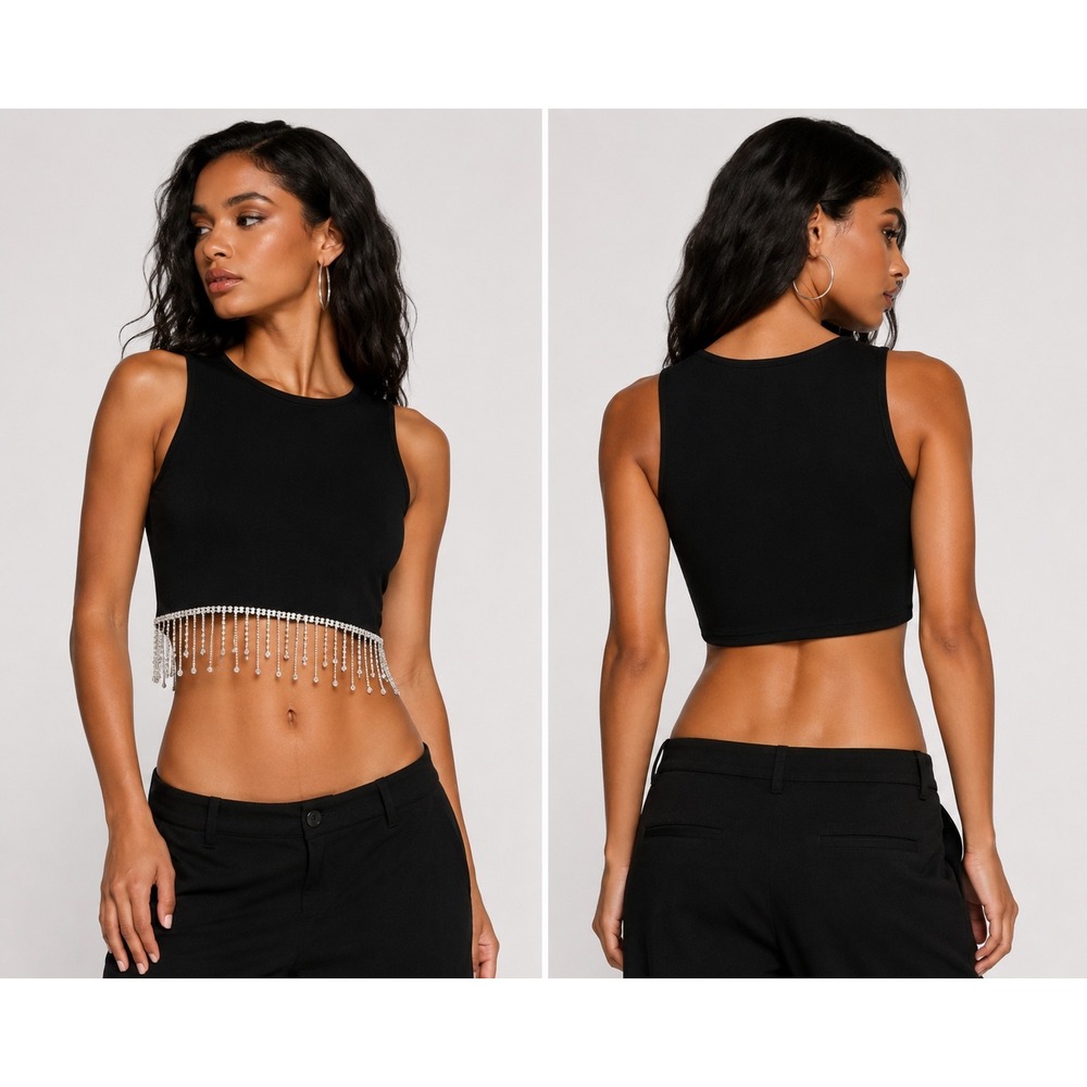 Sason Rhinestone Fringe Crop Top Size 6 Black Sleeveless Crew Neck Party Bling